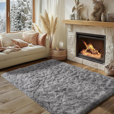 Grey And White Area Rugs For Living Room Men Room Carpet 4X6 Bedroom Fluffy Furry Shag Aesthetic Plush High Pile Floor Rug For Kids Room Dorm Home Decor Tie-Dyed Grey White