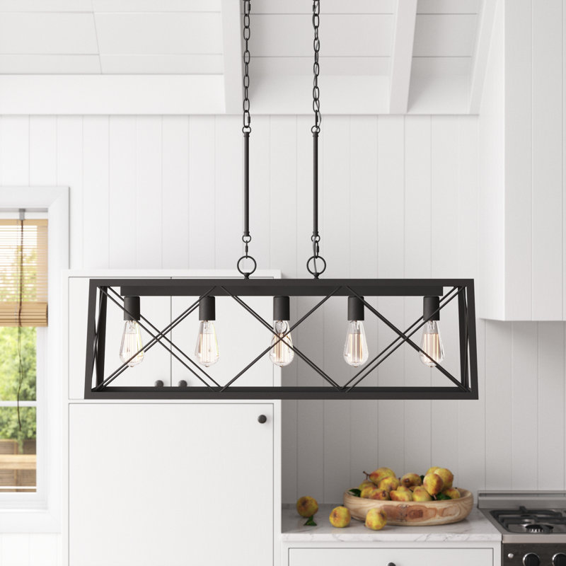 Evys Dimmable Kitchen Island Linear Chandelier, Aged Zinc, 5, 109" H x 36" W x 7.78" D