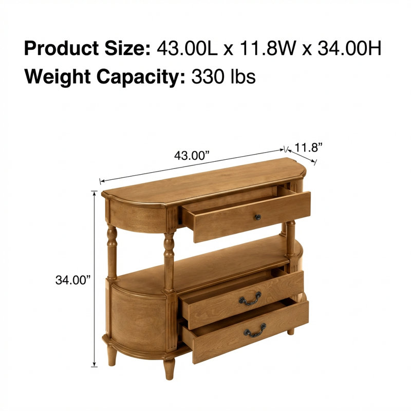 Console rétro en bois courbé avec trois tiroirs et tablette de rangement, canapé derrière le canapé