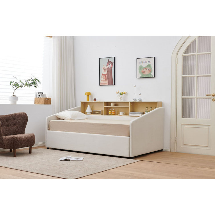 Guinette Upholstered Twin Daybed with Trundle and Headboard Shelf