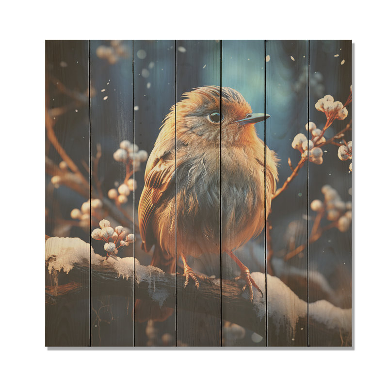 Oiseau bleu d'hiver Serenity V - oiseau sur bois, H 15 po x l 15 po