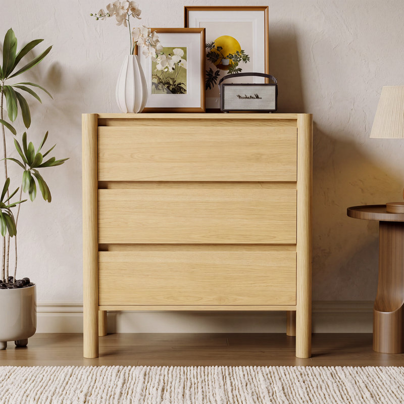 Commode 3 tiroirs avec pieds en bois massif pour chambre à coucher, salon, chêne, Chêne