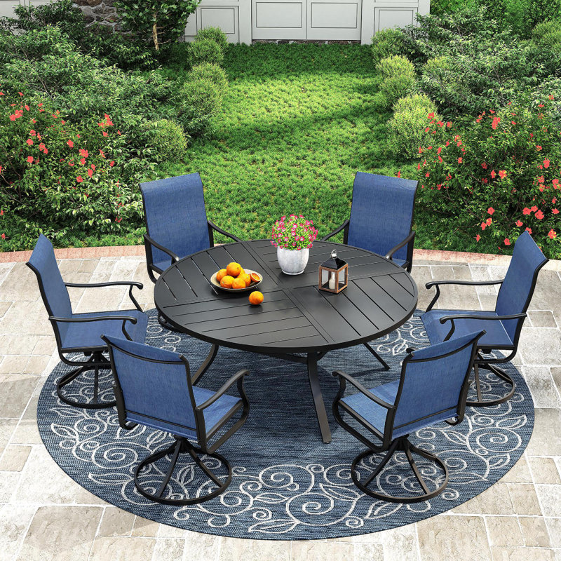 Outdoor Patio Dining Set - 53” Round Table with Umbrella Hole + 6 Swivel Chairs, Black/Navy