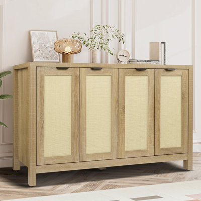 55" Rattan Sideboard Buffet Cabinet with Storage 4 Doors and Adjustable Shelves, Boho Large Kitchen Storage Cabinet Console Table for Living Room, Hal