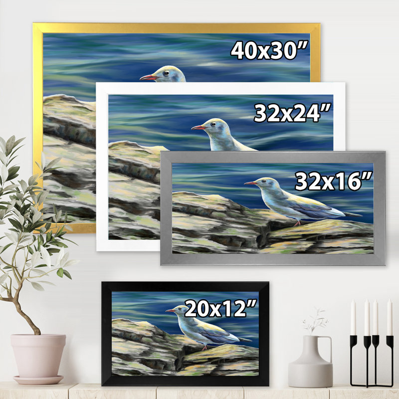 «Seagull Birds by the Sea», peinture sur toile encadrée, H 24 po x l 32 po x P 1 po, Encadrement argenté