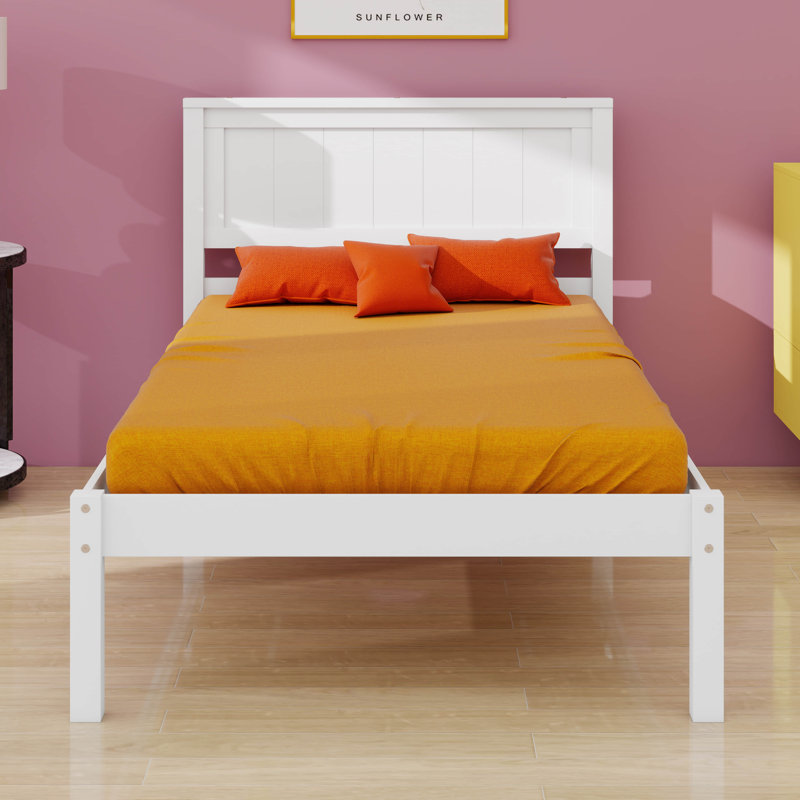 Twin Szie Wood Platform Bed With Headboard And Wood Slat Support, Twin, White