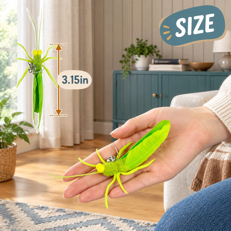 Cet ensemble de 3 recharges détachables pour baguette à chat comprend un style réaliste de sauterelle verte, une plume naturelle, une clochette et un embout universel à clip mousqueton.