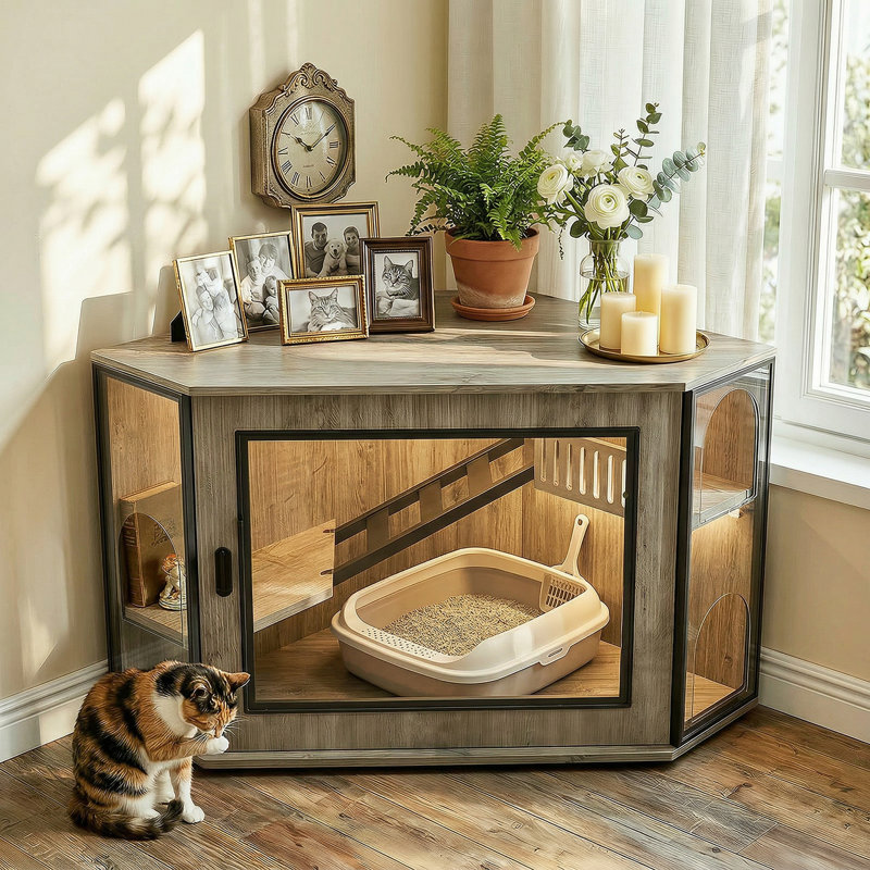Enceinte d'angle pour litière pour chat, litière cachée moderne avec porte en acrylique et lumière DEL, maisonnette pour chat avec aire de jeu et escalier