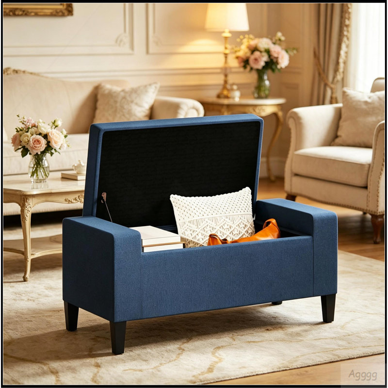 Banc de rangement avec repose-pieds, banc d'entrée rembourré avec siège, avec plateau relevable et pieds en bois d'hévéa