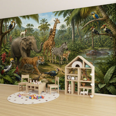 Peel and Stick Wallpaper Vibrant Jungle Scene Wild Animals Tropical Plants Wall Murals 100"H x 144"W Wall Paper Self-Adhesive Wall Decor for Bedroom Living Room Home Office