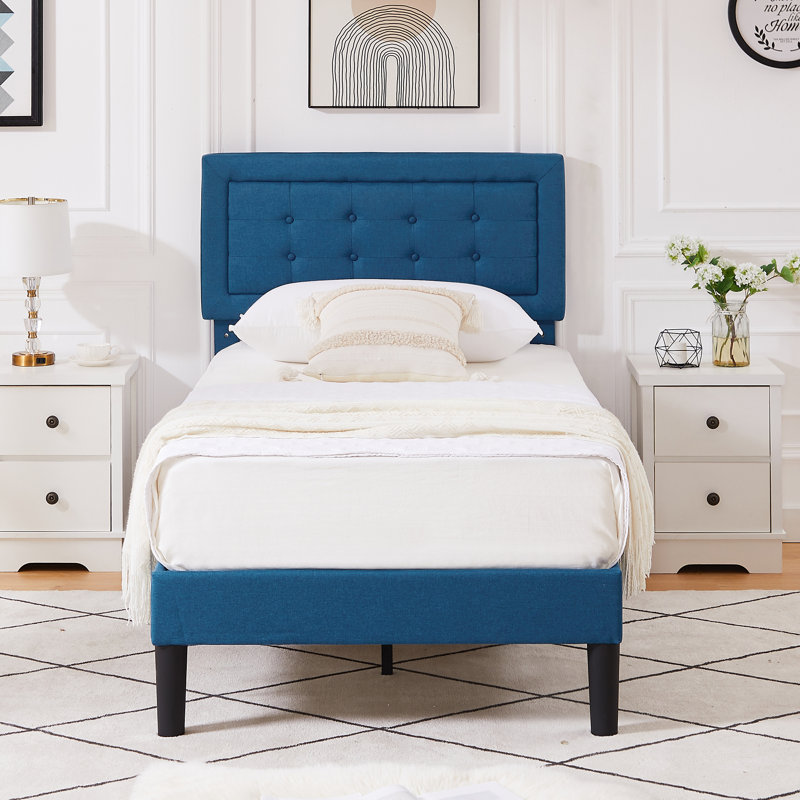 Structure de lit simple Kempst, cadre de lit plateforme simple rembourré avec tête de lit capitonnée réglable en hauteur, sommier robuste avec lattes en bois, aucun sommier requis, rangement sous le lit