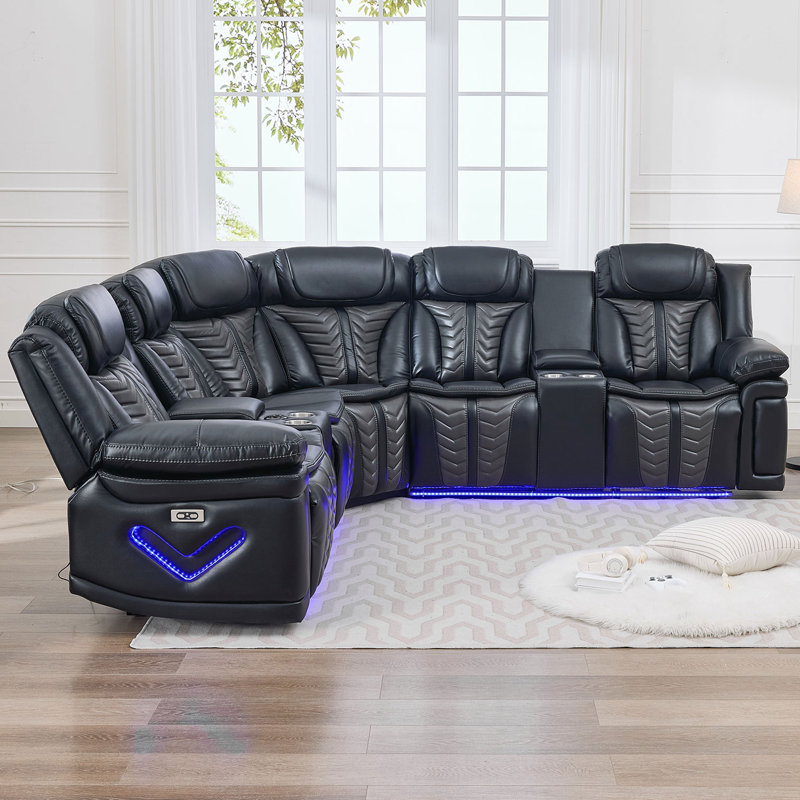 111'' W Fabric Power Reclining Sofa Couch With USB Charger And Cup Holder, Black Fabric