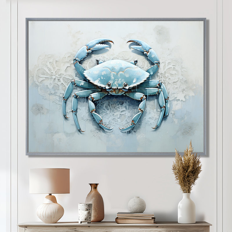 Minimalisme bleu crabe impression I - impression sur toile crabe, H 24 po x l 32 po x P 1 po, Encadrement argenté