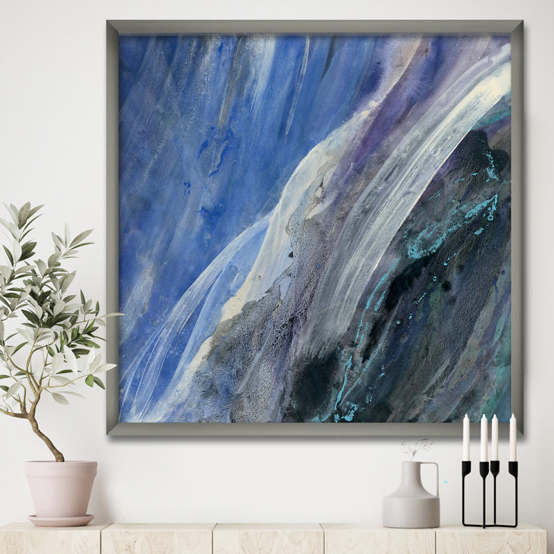 «Black and Blue Abstract Water Painting», reproduction d'art sur toile, Cadre argenté, H 30 po x l 30 po x P 1 po