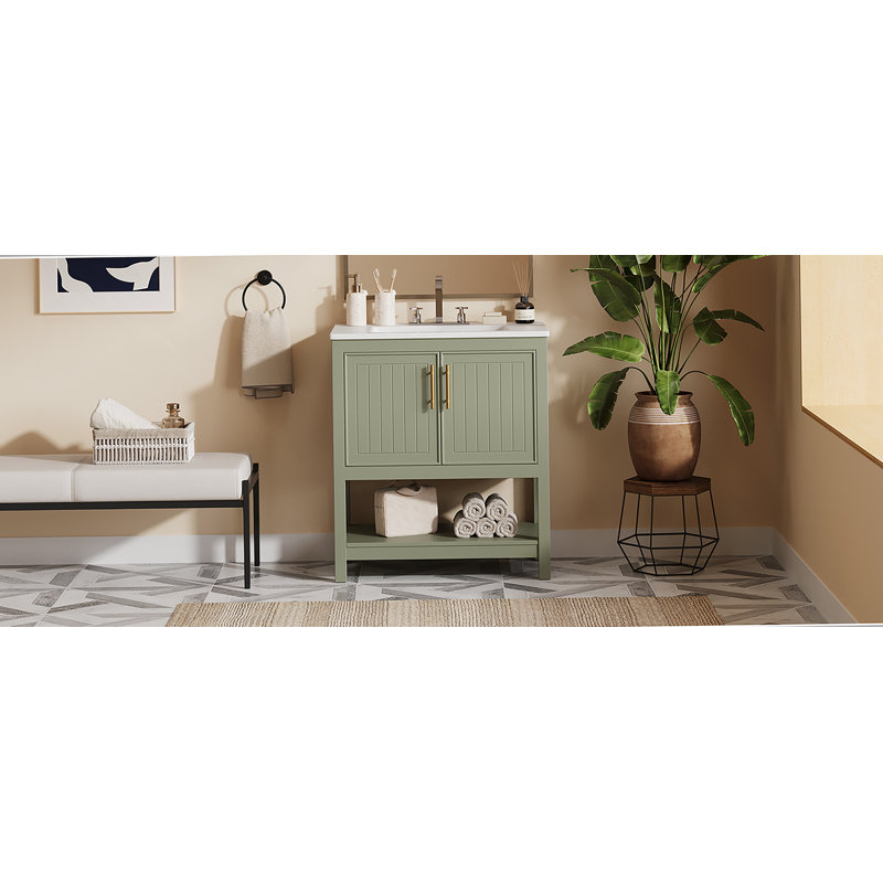 Meuble-lavabo de salle de bain avec lavabo en céramique et rangement polyvalent, Vert