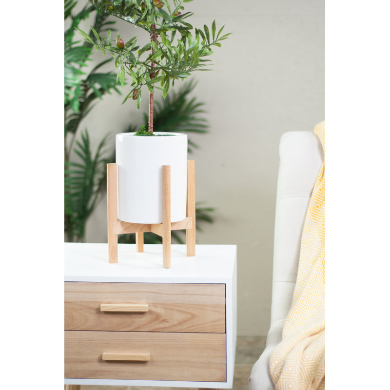 Jardinière en céramique Baraka, H 11 po x l 8,1 po x P 8,1 po (support inclus), Blanc / Naturel