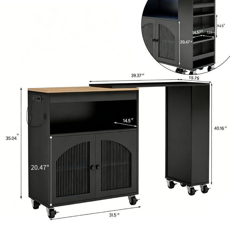 Îlot de cuisine, grand chariot de cuisine roulant, table de cuisine mobile avec 2 portes en verre cannelées et 3 tablettes ouvertes, armoire de rangement et roulettes verrouillables