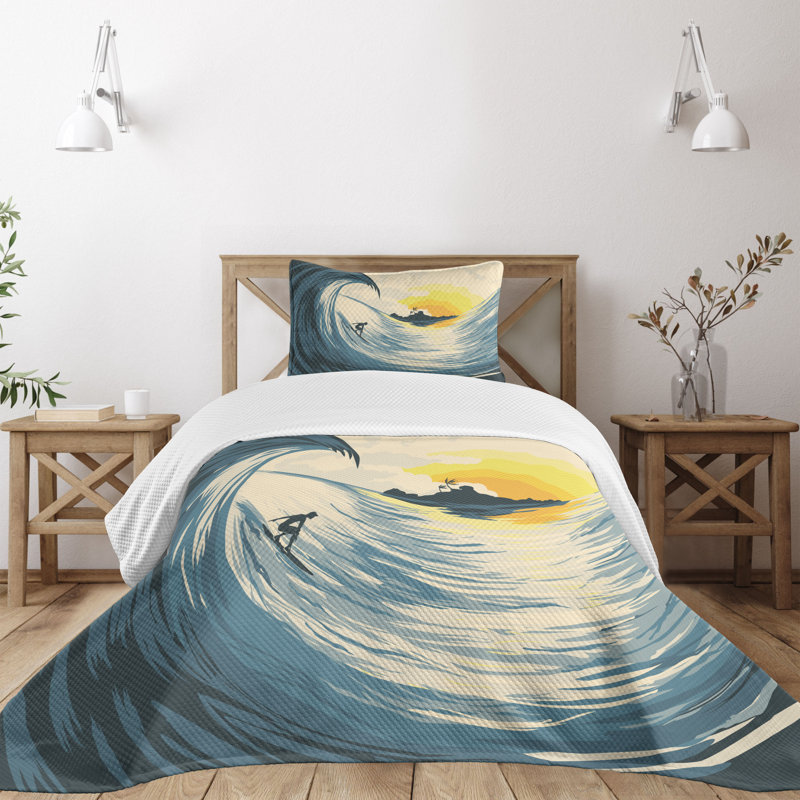 Twin White Quilted Bedspread Set with Ocean Print