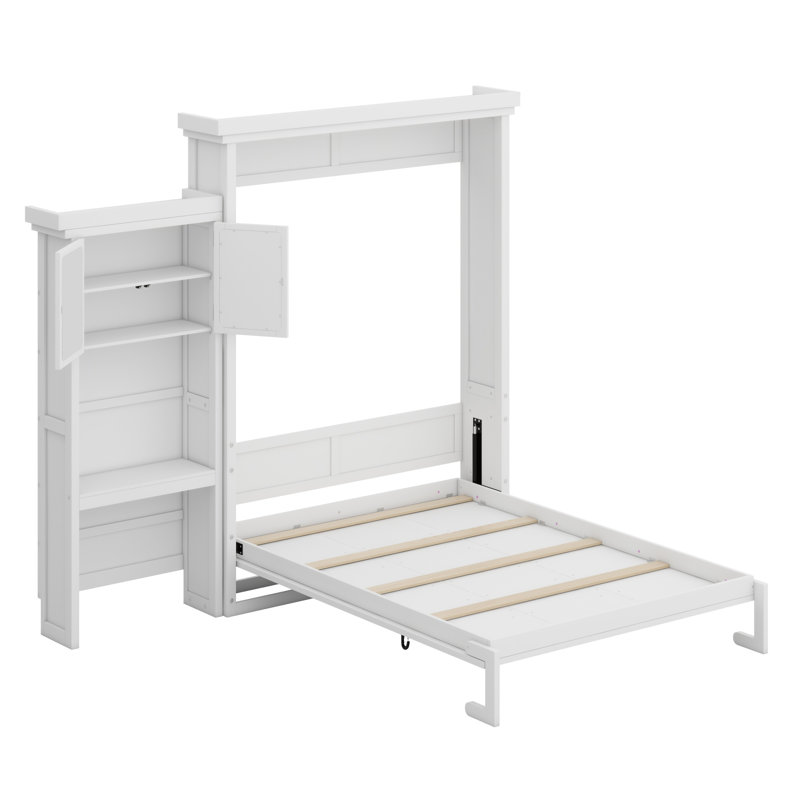 Lit escamotable avec plusieurs tablettes de rangement et décoration à persiennes, Blanc