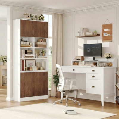 Ensemble de bibliothèque et de bureau, suite de bureau 2 pièces, bureau d'ordinateur moderne avec tiroirs de rangement et bibliothèque avec gestion des câbles