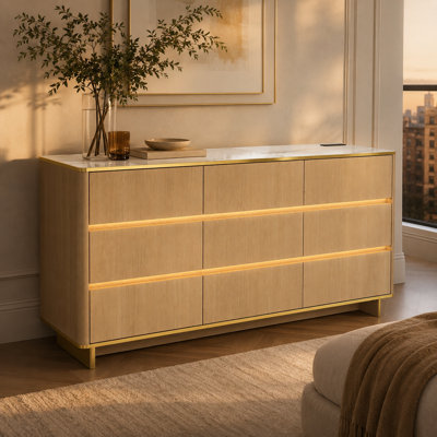 Adlington 63'' 9-Drawer Dresser With High-Gloss Marble-Look UV Top, Bluetooth LED Lighting