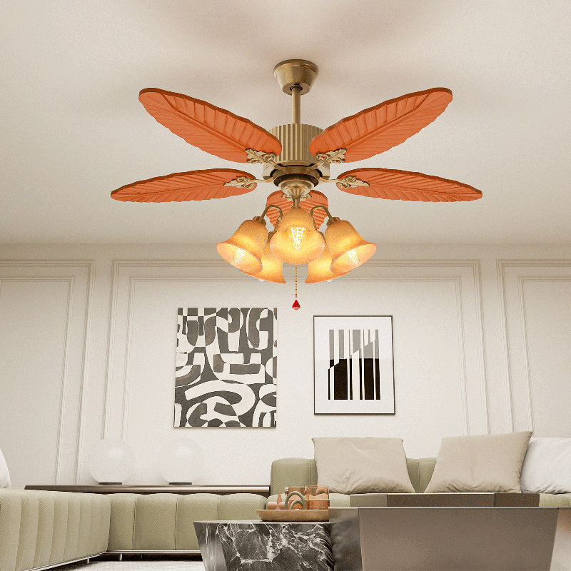 Golden 52" Tropical Ceiling Fan with Palm Leaf Blades and LED Lighting