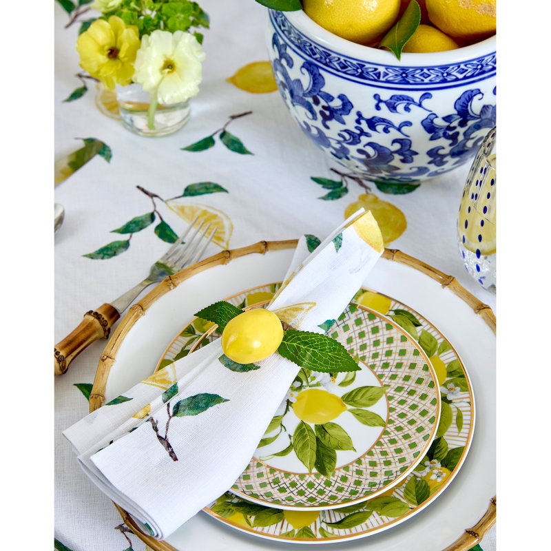 Botanical Lemon - 100% Pure Linen Table Throw, Botanical Lemon/White Floral