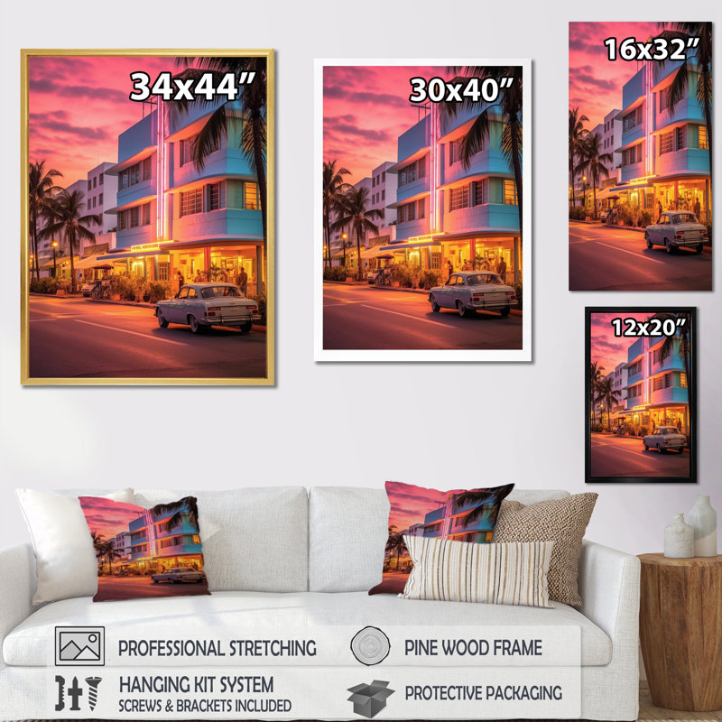 Miami Ocean Drive Neon, reproduction d'art sur toile, Cadre flottant doré, H 44 po x l 34 po x P 1,5 po