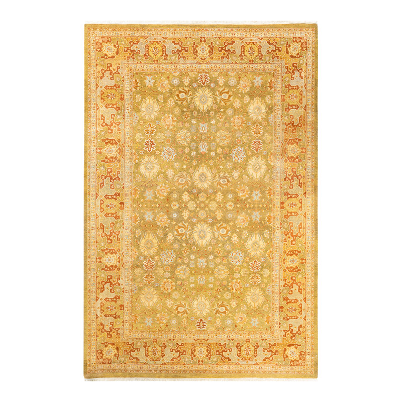 Tapis jaune / ivoire / orange noué à la main de conception unique 6 pi 2 po x 9 pi 3 po Mogul