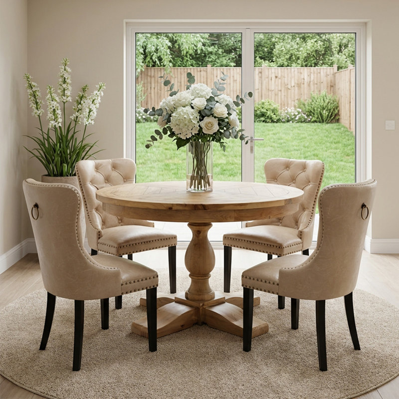 5-Piece Dining Set Mid-Century Modern Round Wooden Table & Upholstered Chair Set For Home, Kitchen, Dining Room, Beige