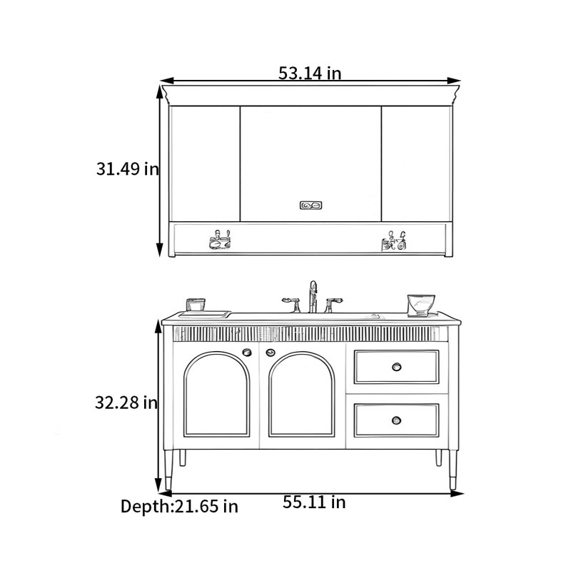 Armoire de salle de bain française de style rétro français, 55"