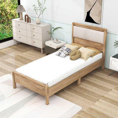 Wood Bed Frame with Upholstered Headboard