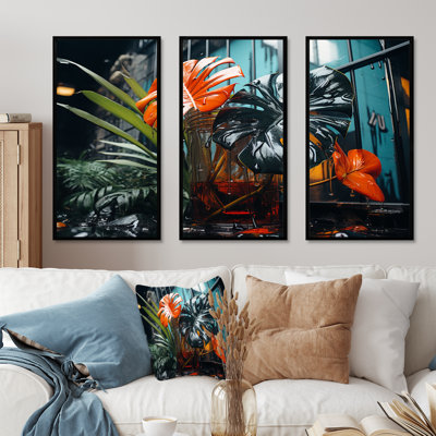 Art mural moderne orange et vert tropical II - Collages abstraits