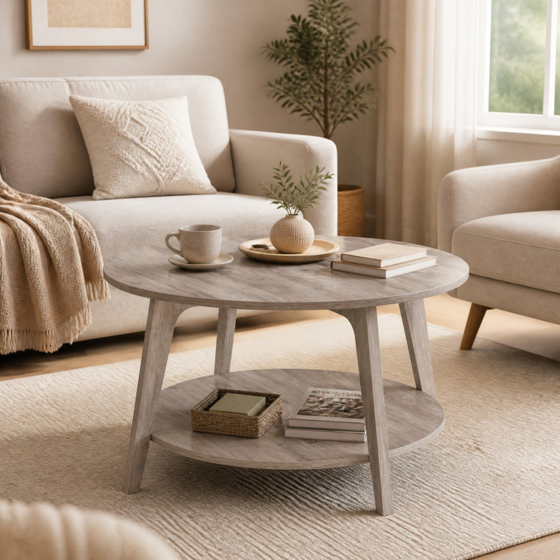 2 Tier Coffee Table With Storage, Beige