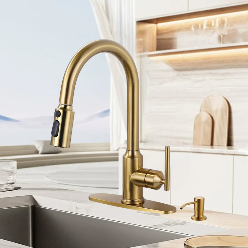 High Arc Single Handle Stainless Steel Kitchen Sink Faucet With Soap Dispenser Pull-Down Sprayer Faucet, 1 Or 3 Holes, Gold
