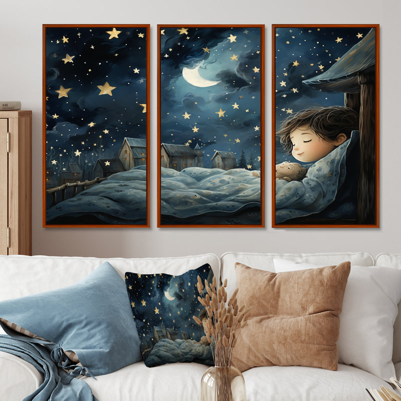Blue Childness Haven Nursery II - art mural de chambre de bébé, H 32 po x l 48 po, Cadre flottant brun