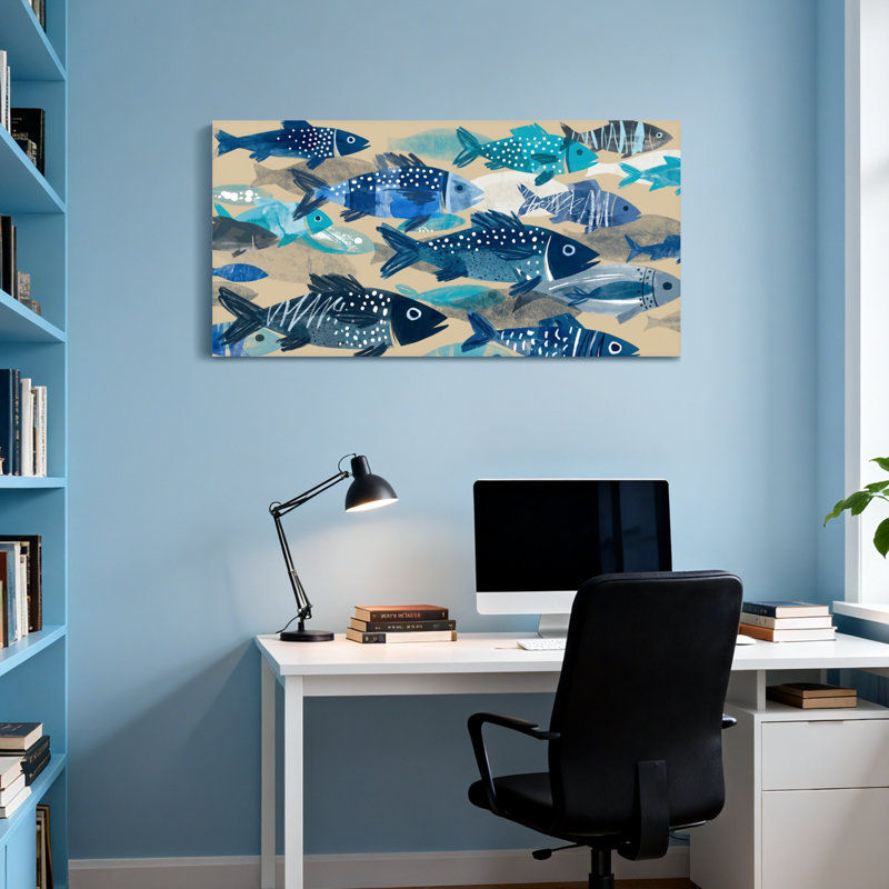 Animals Blue Fish Pattern On Beige Background, 16" H x 32" W