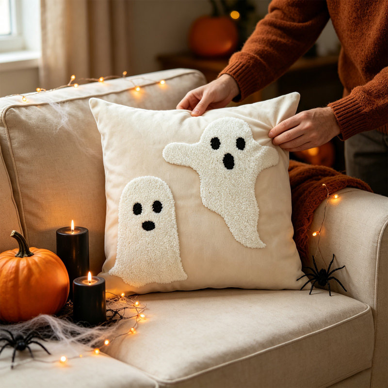Housse de coussin décorative d'Halloween avec un joli fantôme, en polyester, pour canapé, chambre, salon ou décoration de fête à la maison.