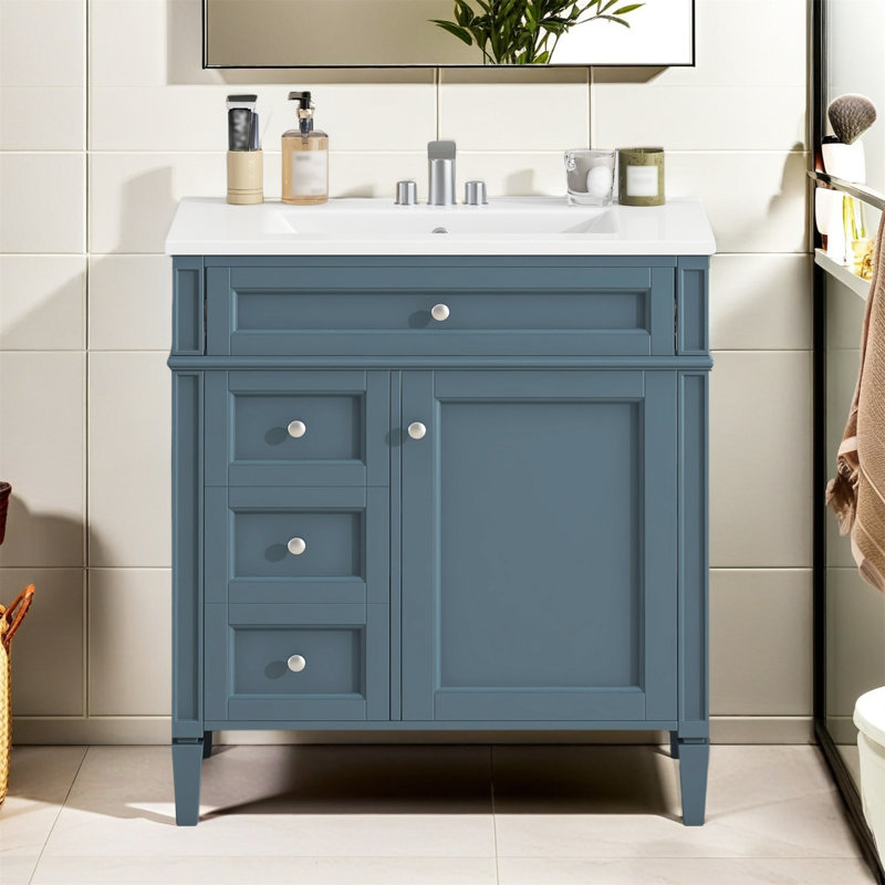 Meuble-lavabo moderne avec lavabo supérieur - Armoire de rangement élégante avec tiroirs et tiroir basculant, Bleu