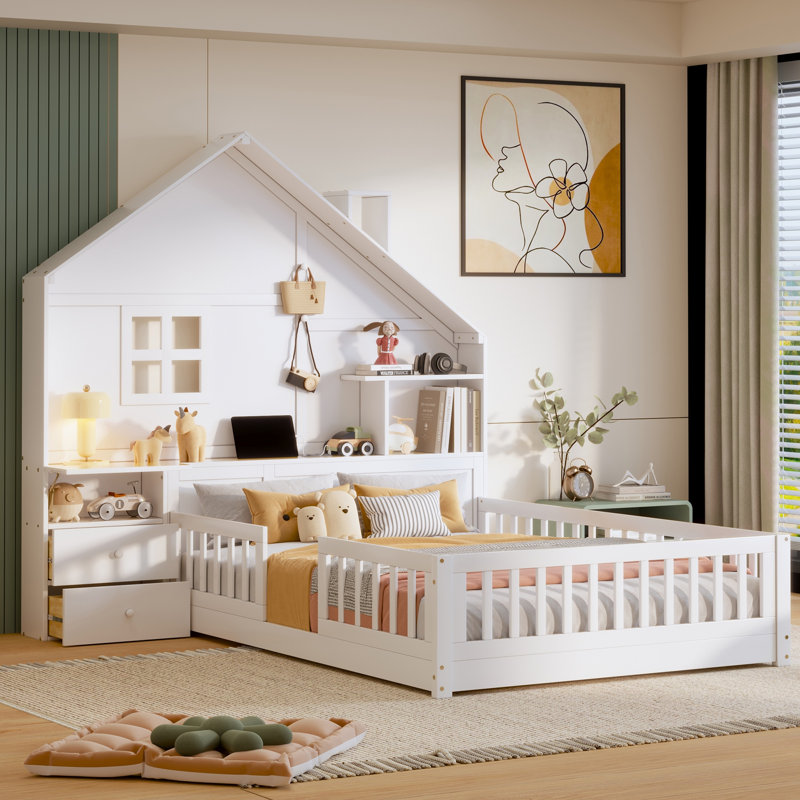 Full Size House Platform Bed with Window, Storage Drawers, Shelves, USB Port & Outlet, White Bed Frame