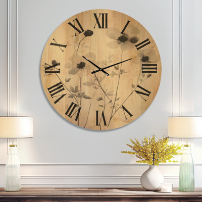 Étude anémone encre II - Horloge murale minimaliste beige en bois grand format