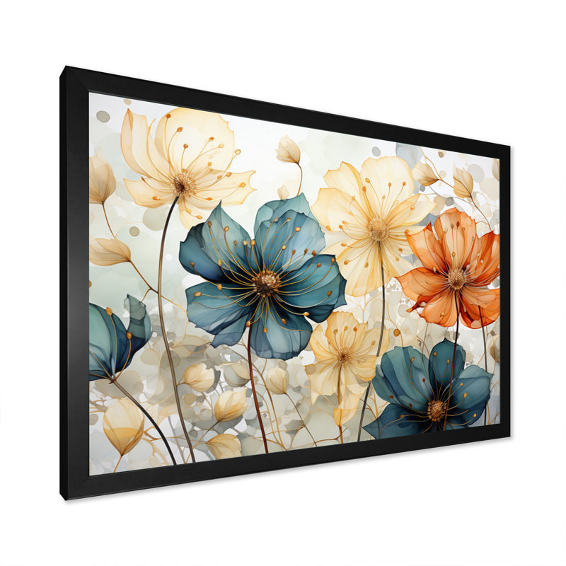 «Teal Orange Petal Mosaics I», art mural abstrait botanique pour le salon, H 34 po x l 44 po, Cadre photo unique, Noir