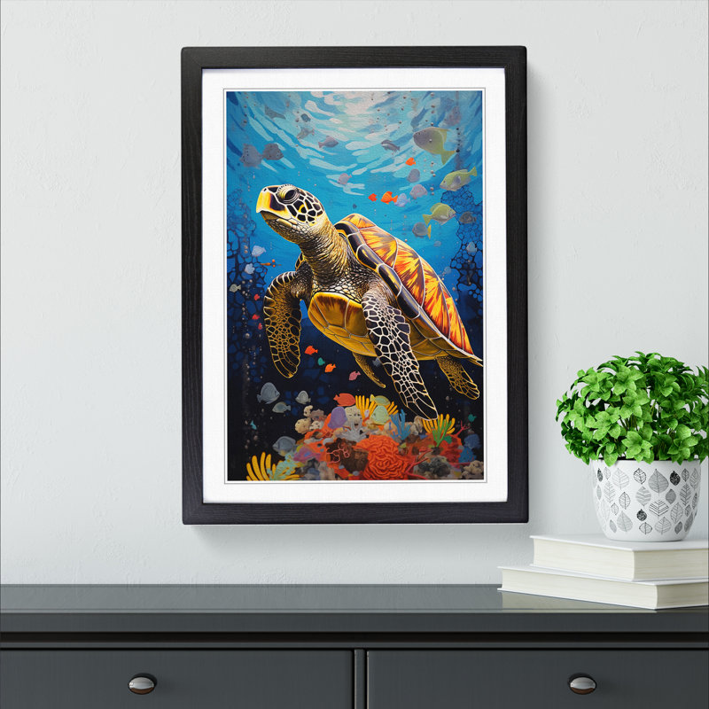 Sea Turtle Constructivism - Single Picture Frame Print on Wood, Black , 46cm H x 34cm W x 2cm D