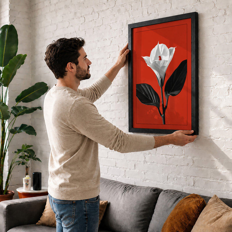 White Bloom On Red Botanical - Print, Black, A4 - 29.7 x 21.0 cm