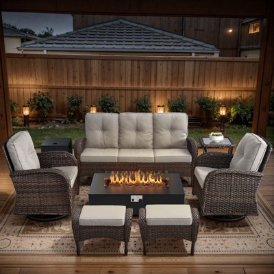 Esquer 7-Pieces Wicker Outdoor Conversation Set For 6 Person With 2 Rocking And Swivel Chairs & Fire Pit Table by Lark Manor