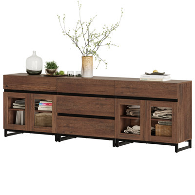3 In 1 Multifunctional Dresser With Glass Doors And 5 Drawers, Modern Chest Of Drawers With Adjustable Shelf And Metal Base, Closet Organizers And Storage Cabinet For Bedroom
