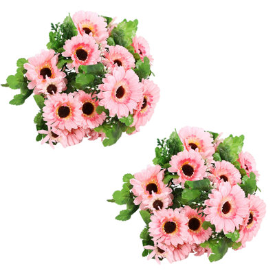 2PCS Artificial Gerbera Flower Bouquet, Faux Chrysanthemum Floral Arrangement with Green Leaves for Home, Wedding, Table Centerpiece & Vase Decor