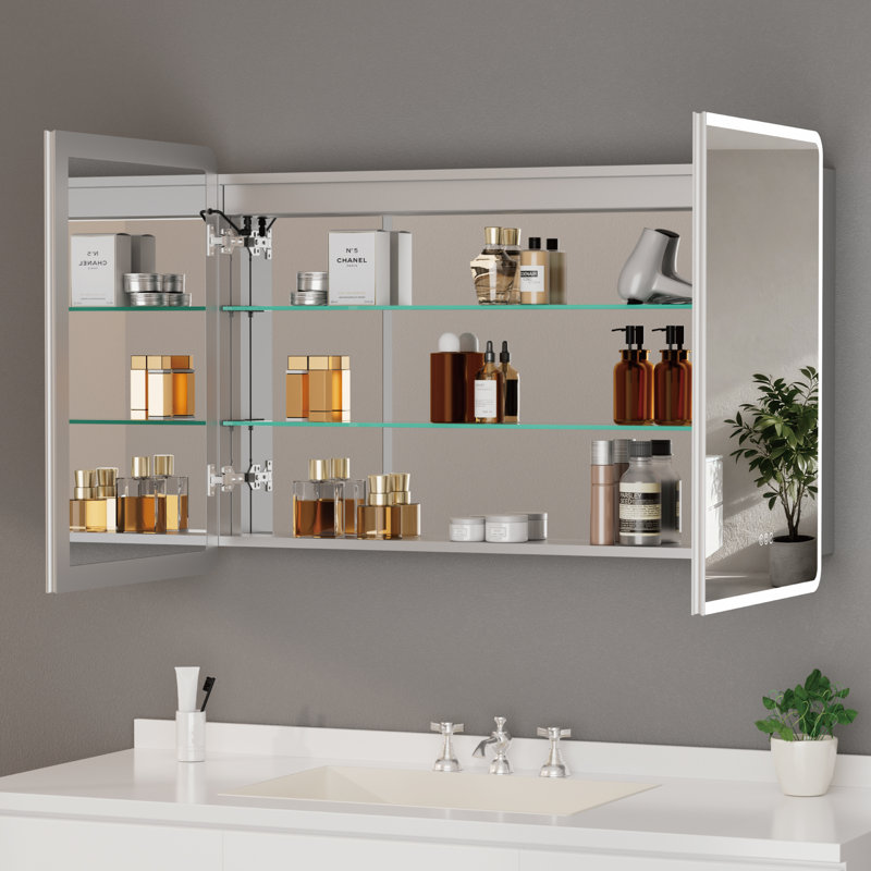 Armoire à pharmacie en aluminium de 91,4 cm (l) x 81,3 cm (h) avec miroir, éclairage DEL antibuée, intensité variable et 3 couleurs, fonction mémoire, étagères en verre réglables, port USB et prise homologuée UL, montage encastré ou en saillie