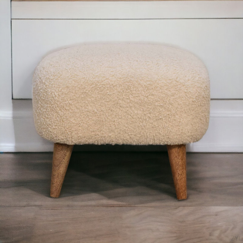 Solid Wood Boucle Cream Square Footstool