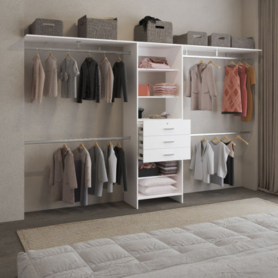 Plego 69"W  118"W Drawers Closet System, Five Shelves, Four Hanging Rods, Three Drawers White